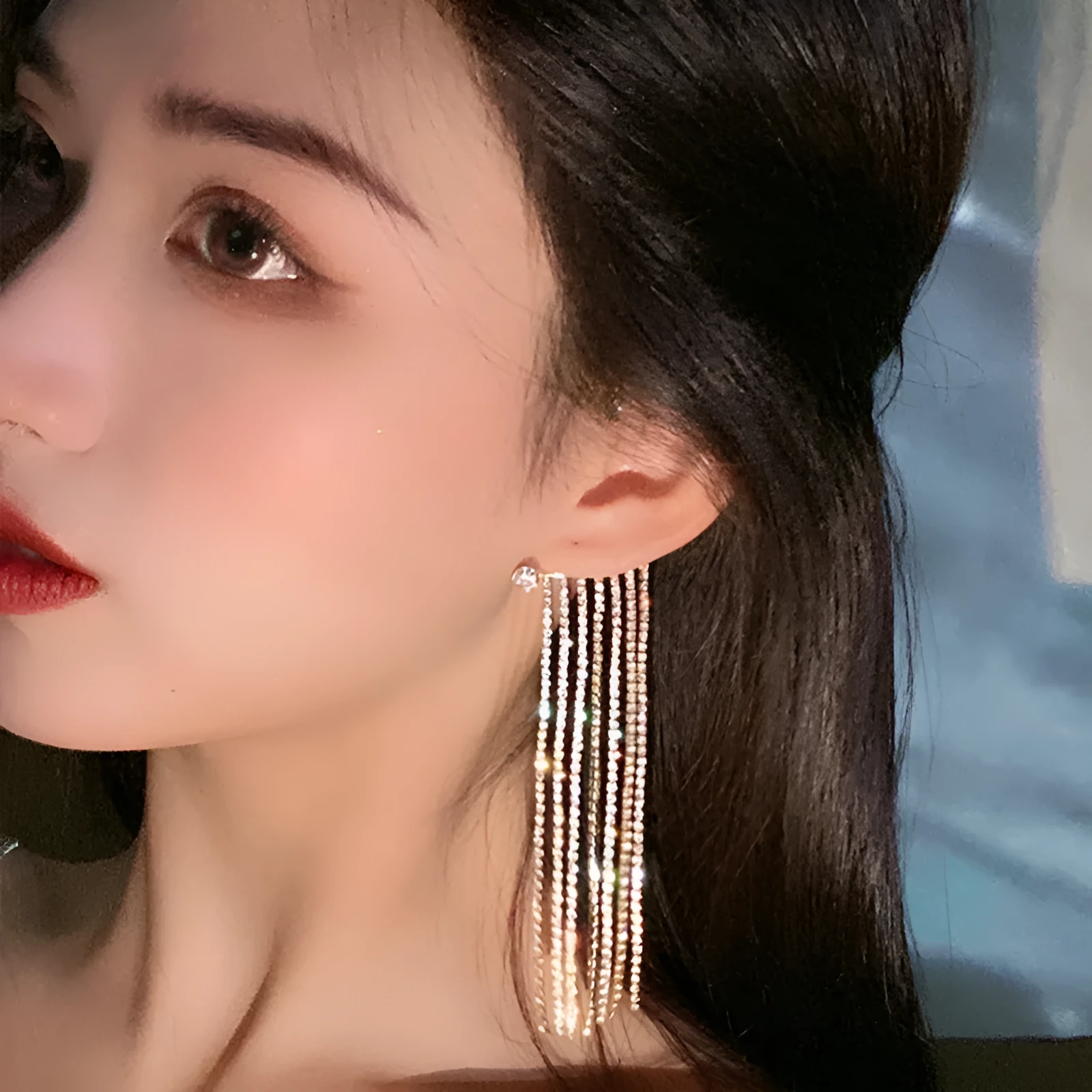 Geometric long tassel earrings 14K real gold plated alloy women's ear hooks