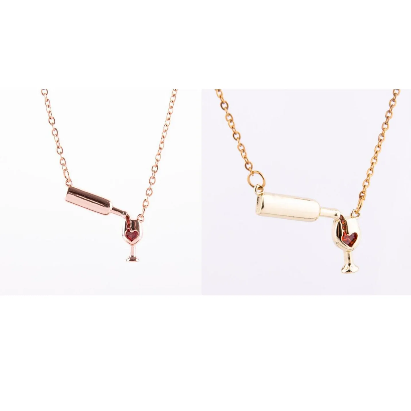 Gold alloy wine bottle and glass pendant necklace on a light background