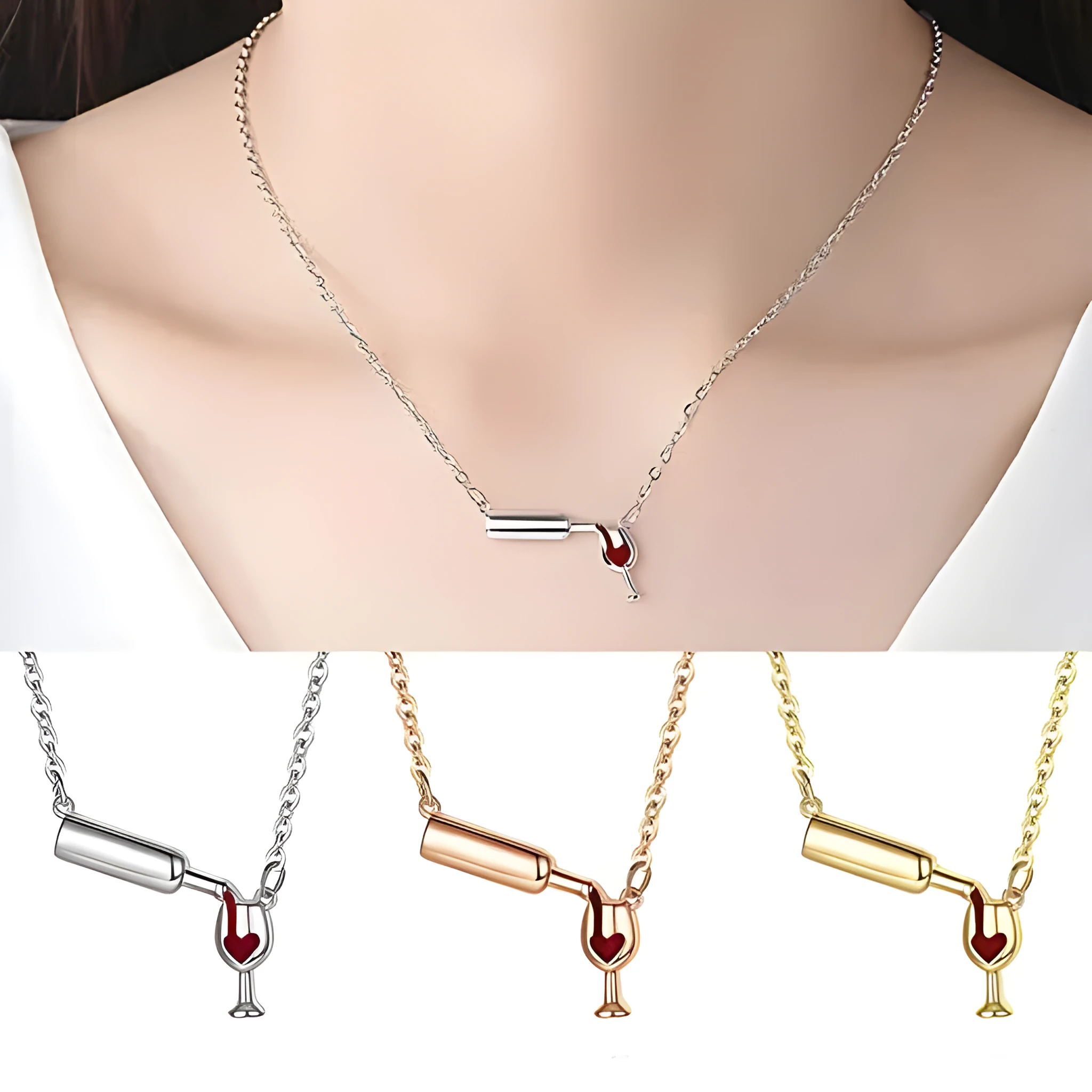 Gold alloy wine bottle and glass pendant necklace on a light background