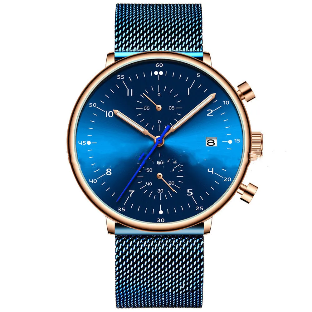 Mens quartz wristwatch with round dial, alloy case and strap, blue and rose colour combination