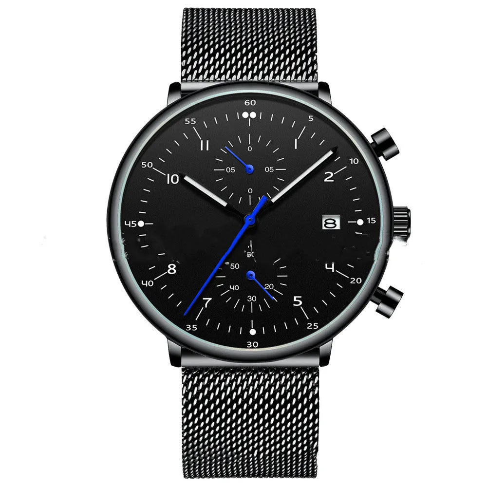 Mens quartz wristwatch with round dial, alloy case and strap, blue and rose colour combination