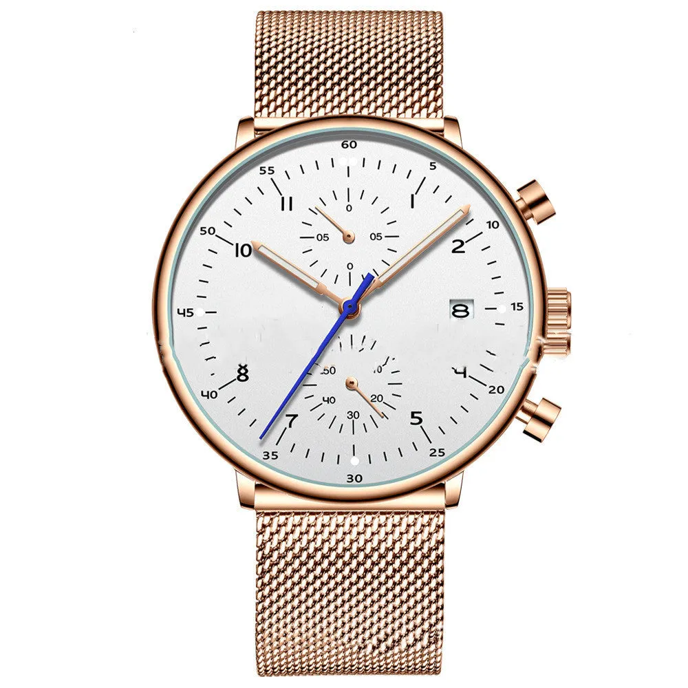 Mens quartz wristwatch with round dial, alloy case and strap, blue and rose colour combination