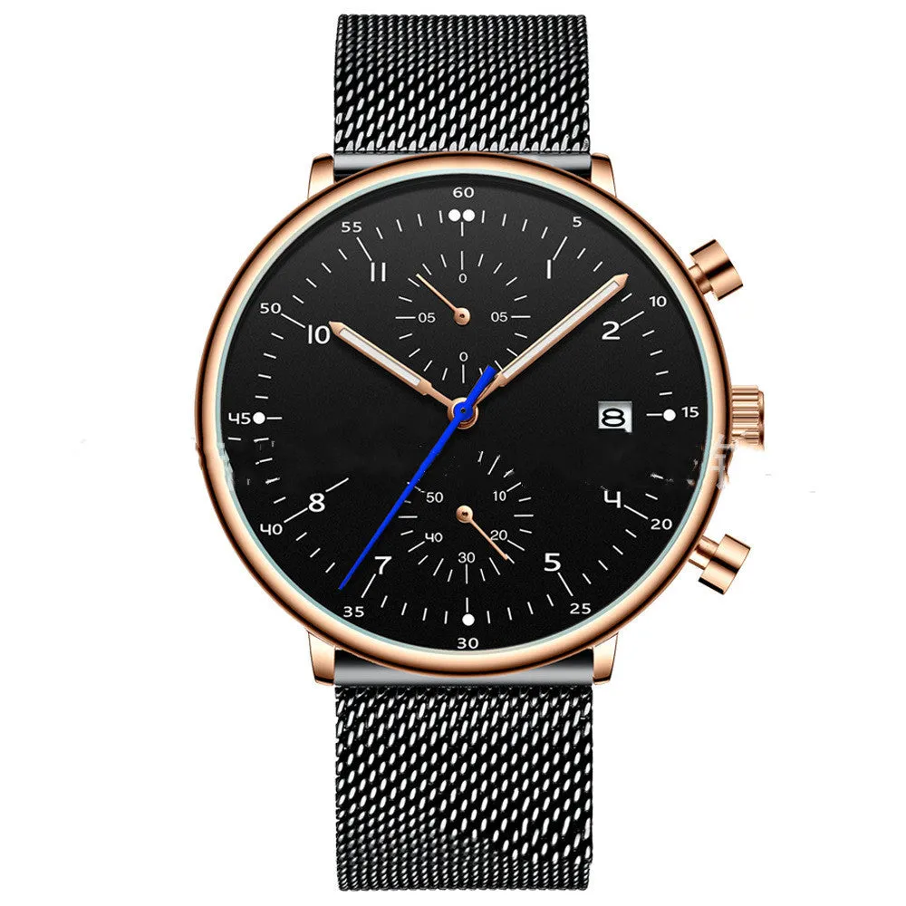 Mens quartz wristwatch with round dial, alloy case and strap, blue and rose colour combination