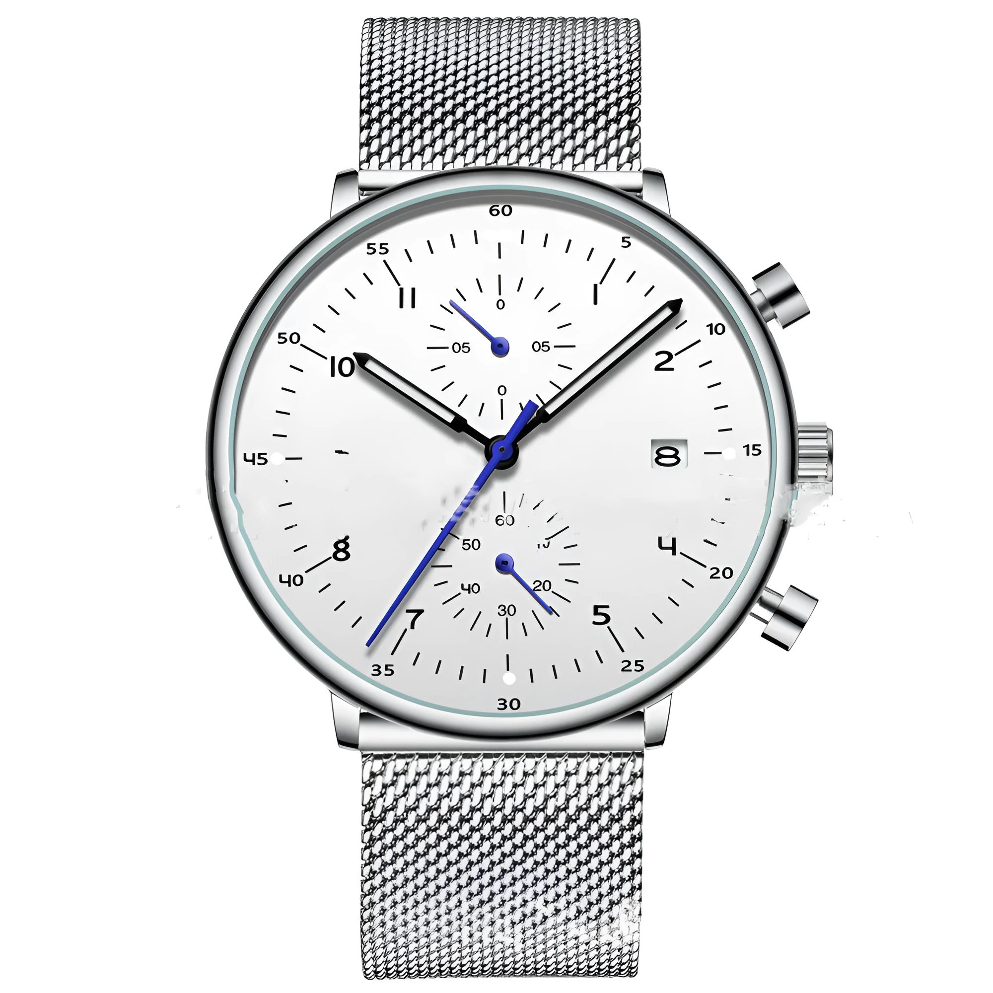Mens quartz wristwatch with round dial, alloy case and strap, blue and rose colour combination