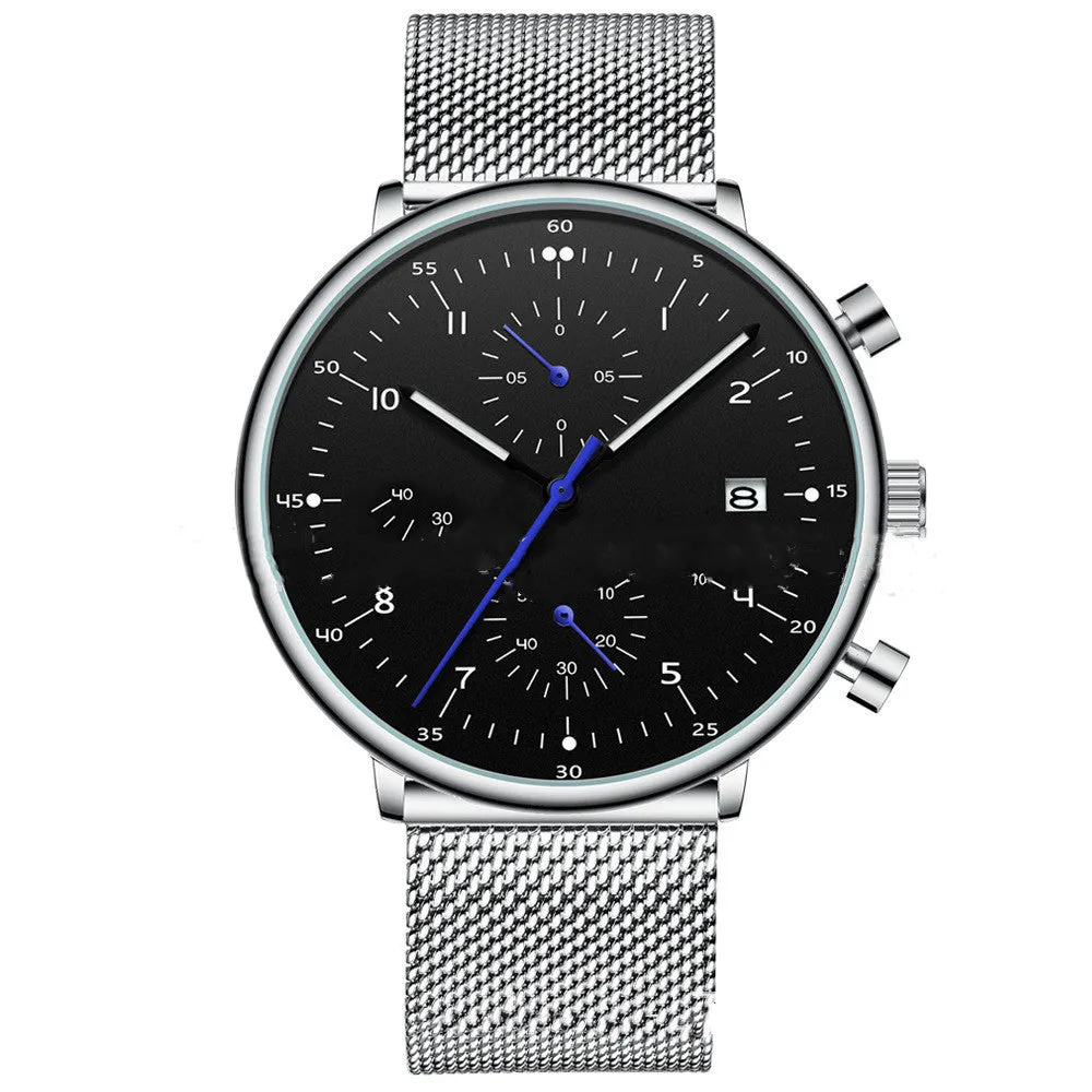 Mens quartz wristwatch with round dial, alloy case and strap, blue and rose colour combination