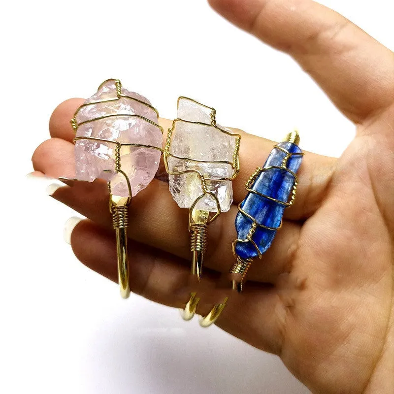 Natural crystal rough stone gold winding unshaped bracelet mixed colour on wrist