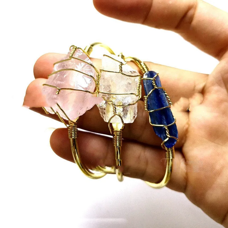 Natural crystal rough stone gold winding unshaped bracelet mixed colour on wrist