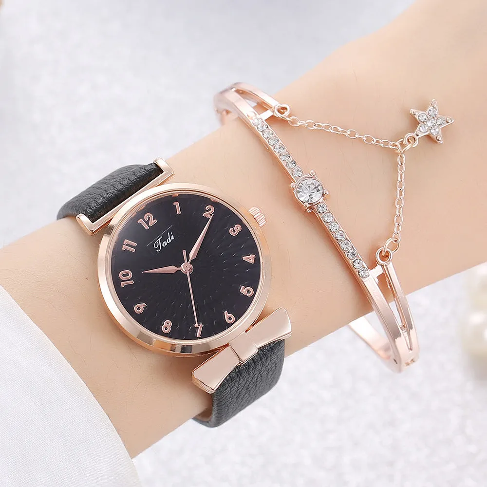 Fashion watch set for women with star love bracelet, white watch with matching bracelet, 8mm thin casing