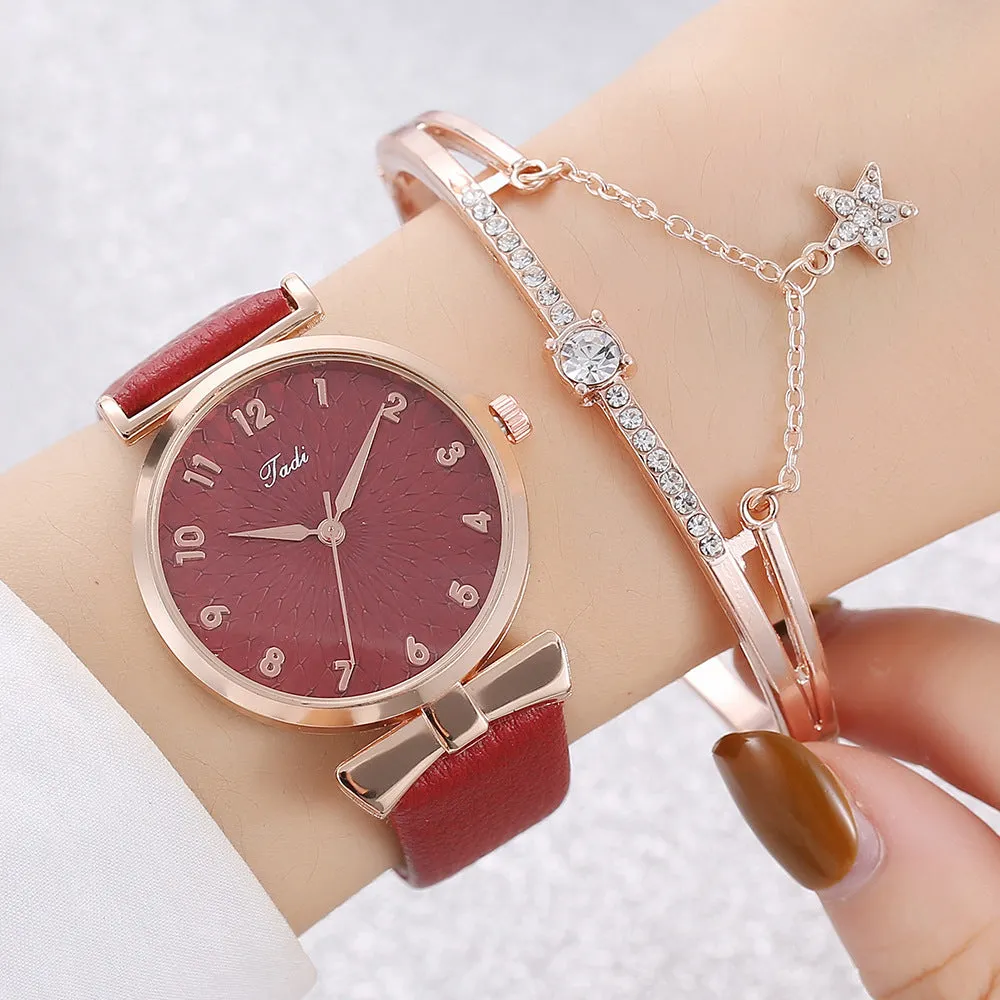 Fashion watch set for women with star love bracelet, white watch with matching bracelet, 8mm thin casing