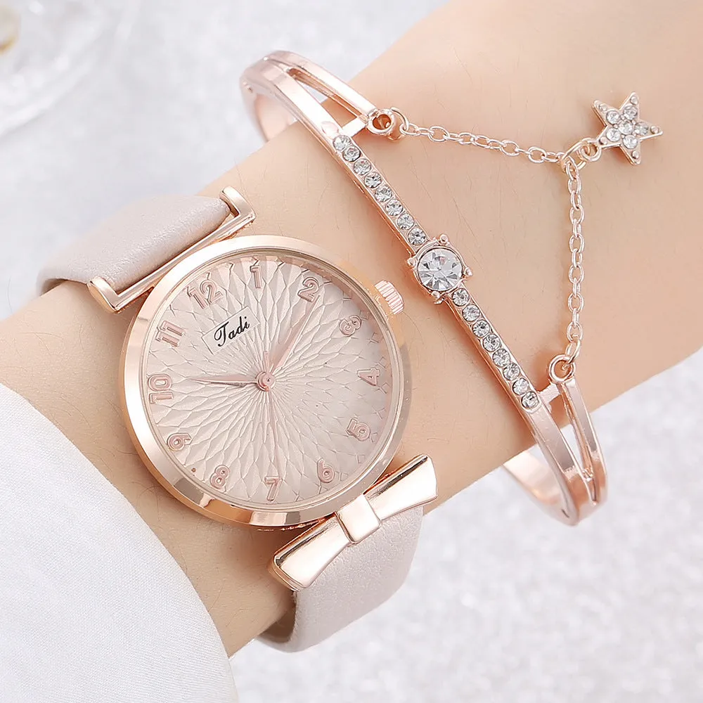 Fashion watch set for women with star love bracelet, white watch with matching bracelet, 8mm thin casing