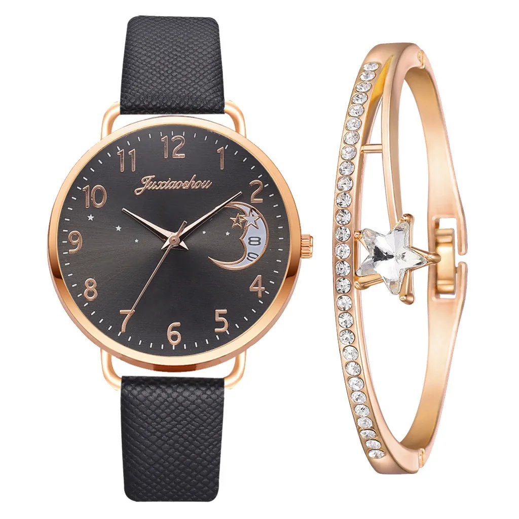 Ladies quartz watch with moon pattern dial and textile strap in round alloy case