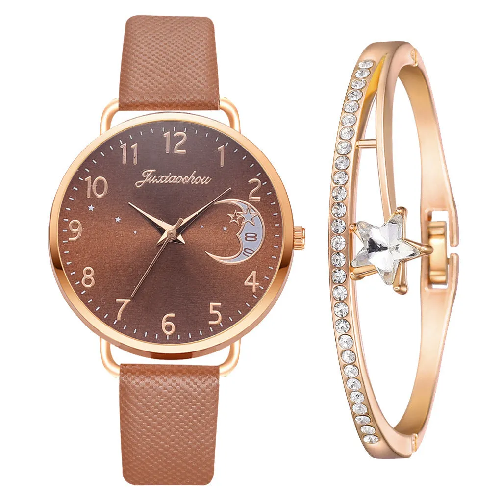 Ladies quartz watch with moon pattern dial and textile strap in round alloy case