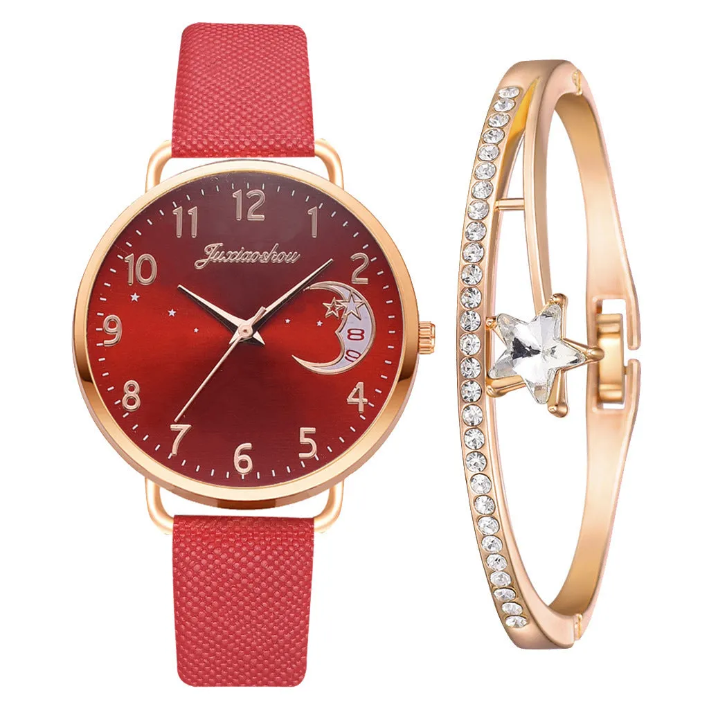 Ladies quartz watch with moon pattern dial and textile strap in round alloy case