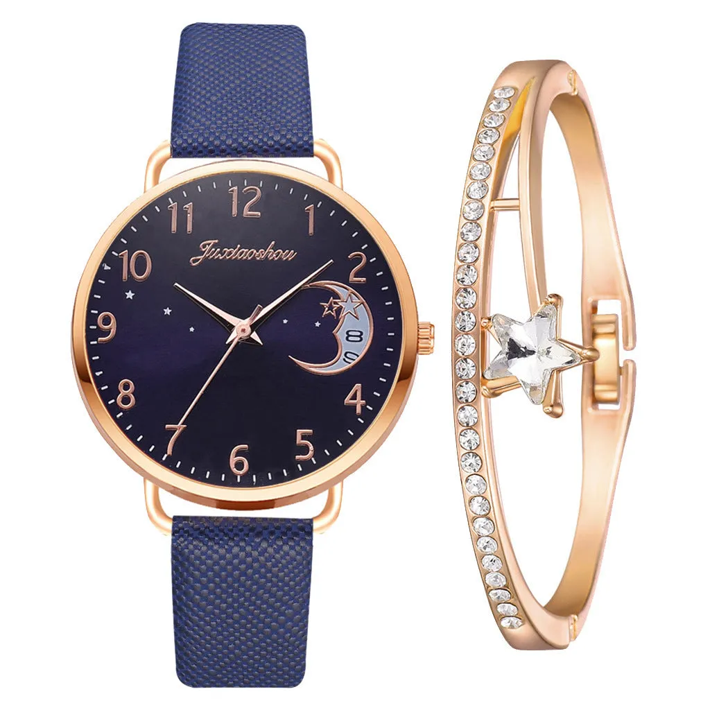 Ladies quartz watch with moon pattern dial and textile strap in round alloy case