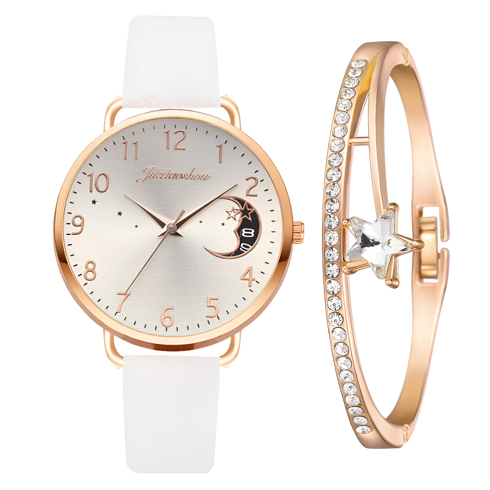 Ladies quartz watch with moon pattern dial and textile strap in round alloy case