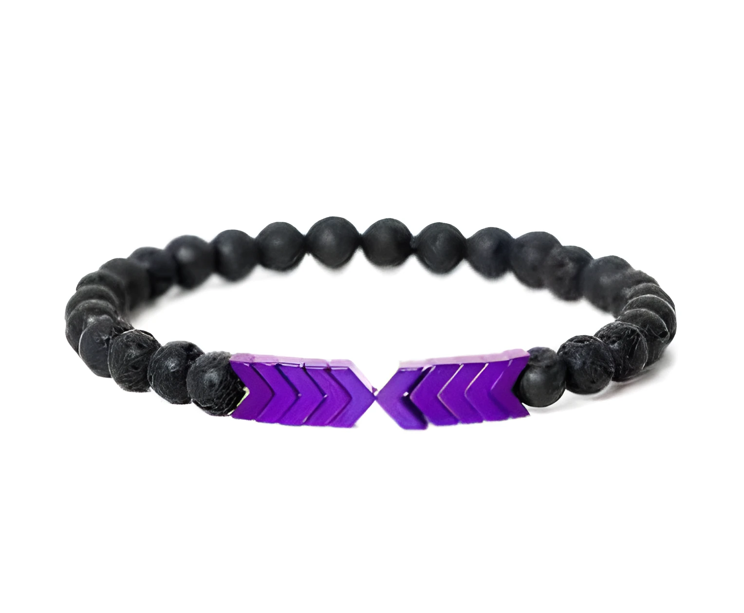 Purple Arrow volcanic stone bracelet on a neutral background showing bead texture and elastic cord
