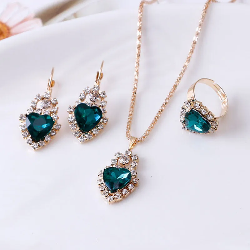 Water drop rhinestone jewellery set: necklace earrings and ring for women in selected colour