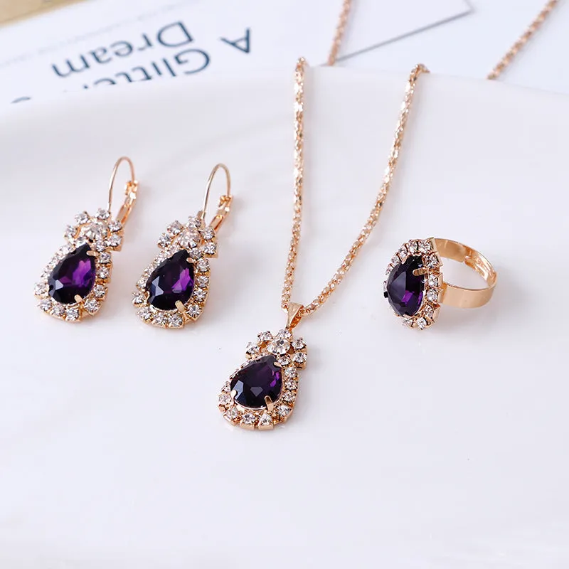 Water drop rhinestone jewellery set: necklace earrings and ring for women in selected colour
