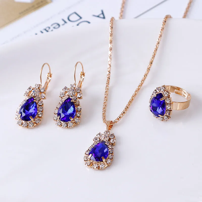 Water drop rhinestone jewellery set: necklace earrings and ring for women in selected colour