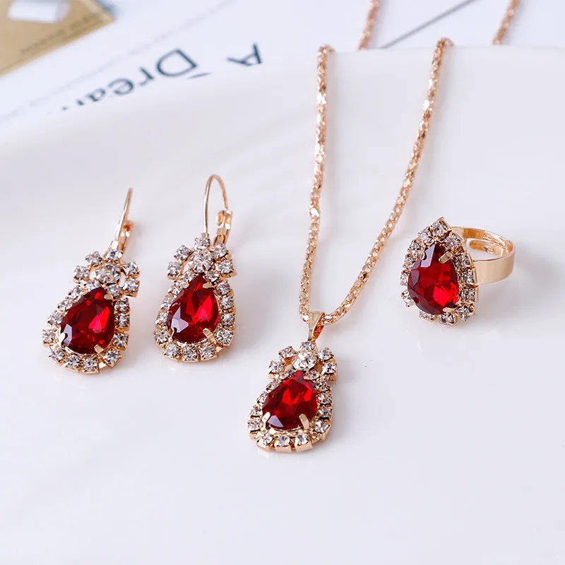 Water drop rhinestone jewellery set: necklace earrings and ring for women in selected colour