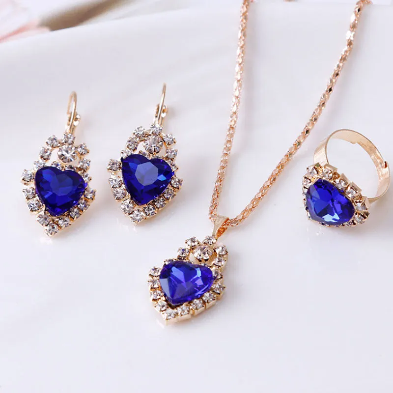 Water drop rhinestone jewellery set: necklace earrings and ring for women in selected colour