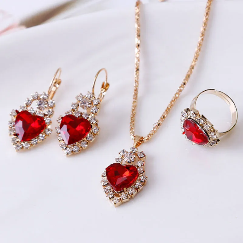 Water drop rhinestone jewellery set: necklace earrings and ring for women in selected colour