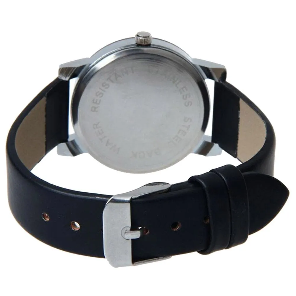 Black analogue quartz watch with stainless steel dial and alloy case on a PU leather band