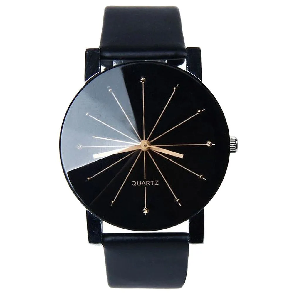Black analogue quartz watch with stainless steel dial and alloy case on a PU leather band