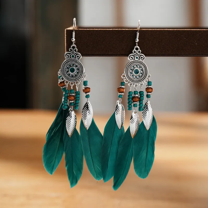 Handmade feather pattern bohemian earrings in multiple colours with leaf design detail