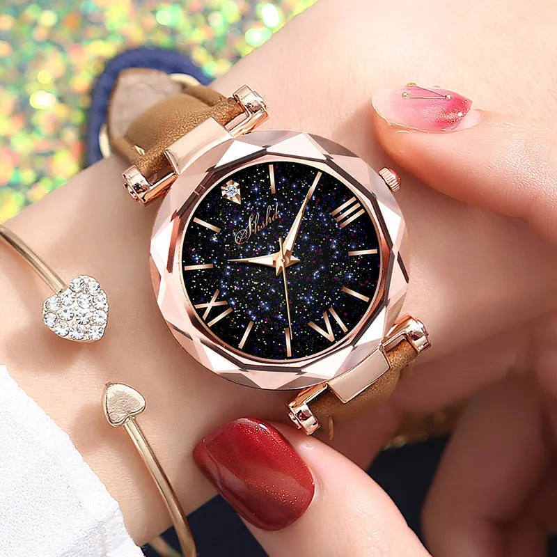 Frosted belt watch with round starry sky dial, Roman numerals, rhinestones, and brown leather strap