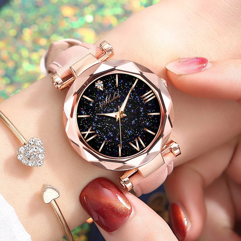 Frosted belt watch with round starry sky dial, Roman numerals, rhinestones, and brown leather strap