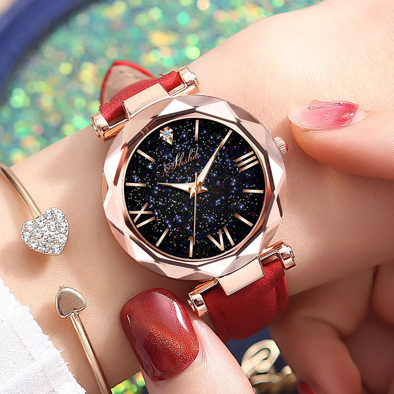 Frosted belt watch with round starry sky dial, Roman numerals, rhinestones, and brown leather strap