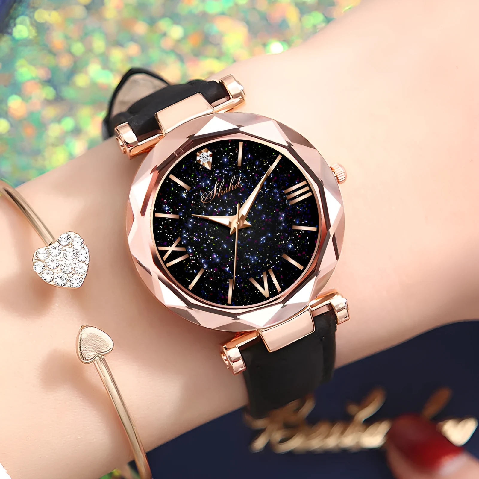 Frosted belt watch with round starry sky dial, Roman numerals, rhinestones, and brown leather strap
