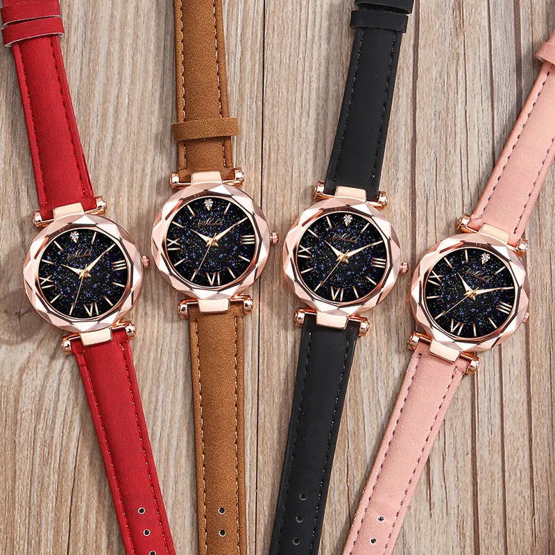 Frosted belt watch with round starry sky dial, Roman numerals, rhinestones, and brown leather strap