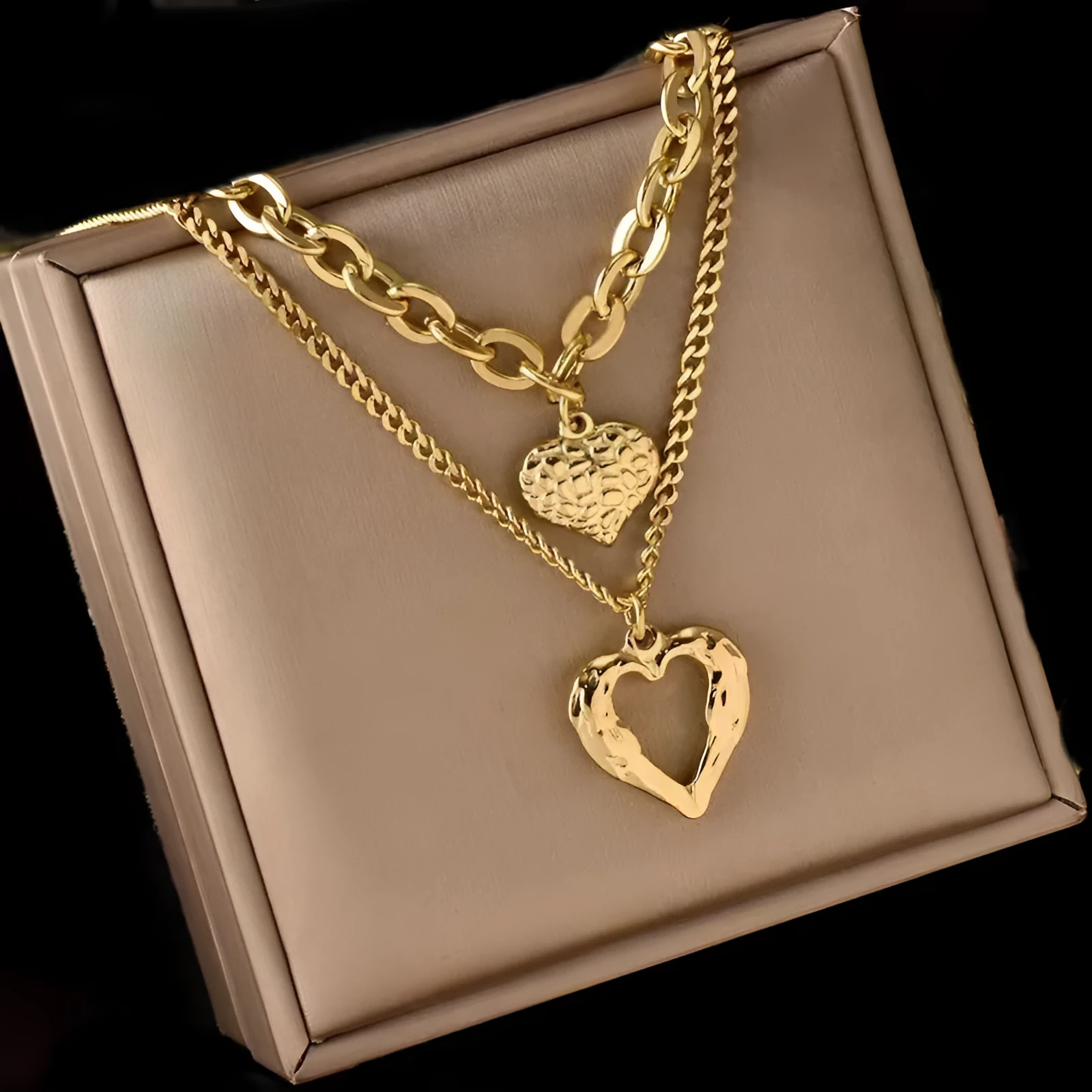 Titanium steel angel wings love necklace set with two heart-shaped pendants on O-shaped chain, silver finish