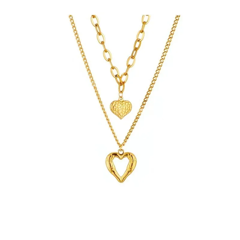 Titanium steel angel wings love necklace set with two heart-shaped pendants on O-shaped chain, silver finish