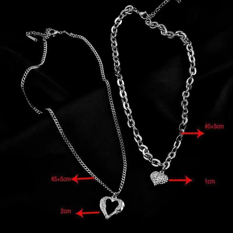 Titanium steel angel wings love necklace set with two heart-shaped pendants on O-shaped chain, silver finish