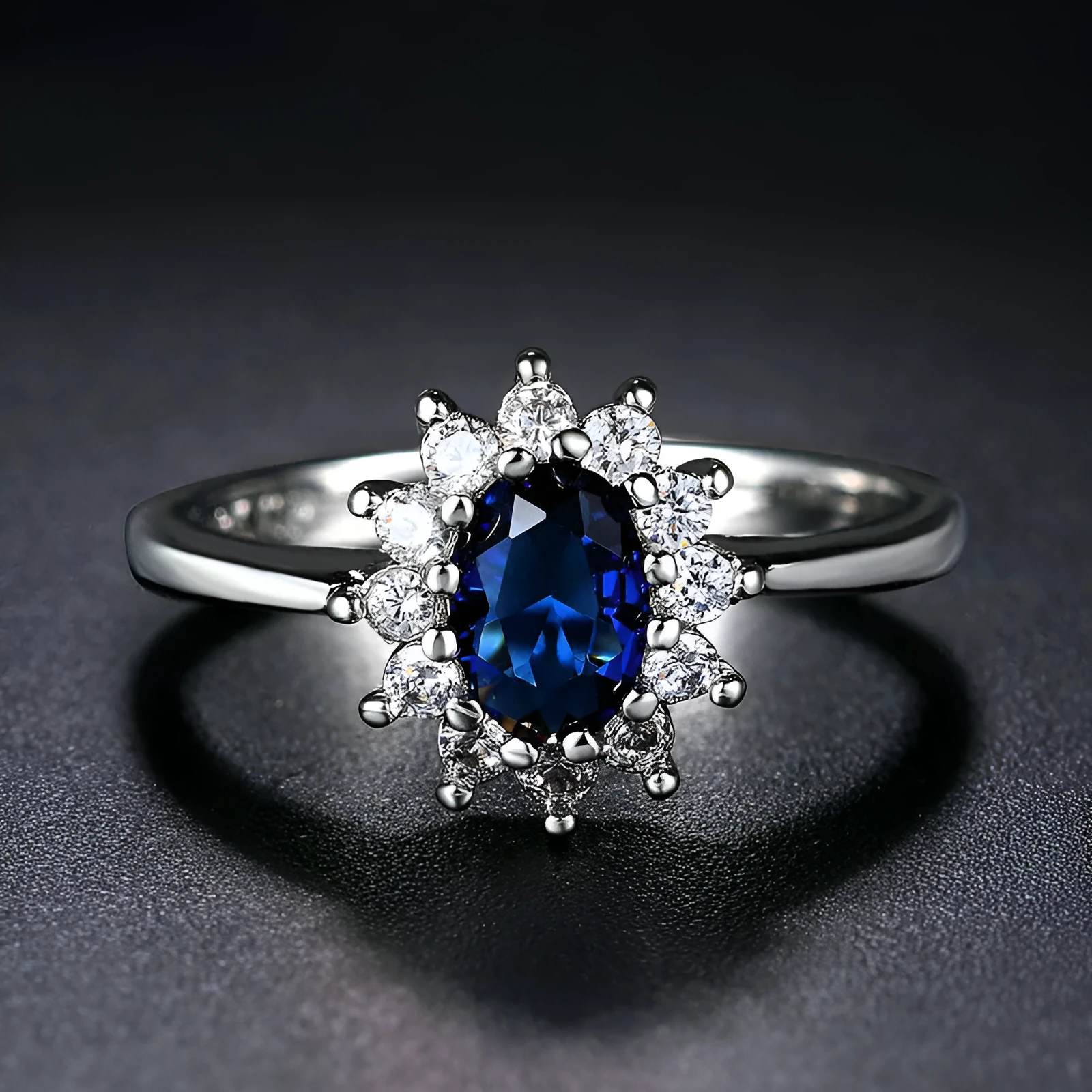 Blue moissanite women's ring with electroplated copper floral design and inlaid zirconium details