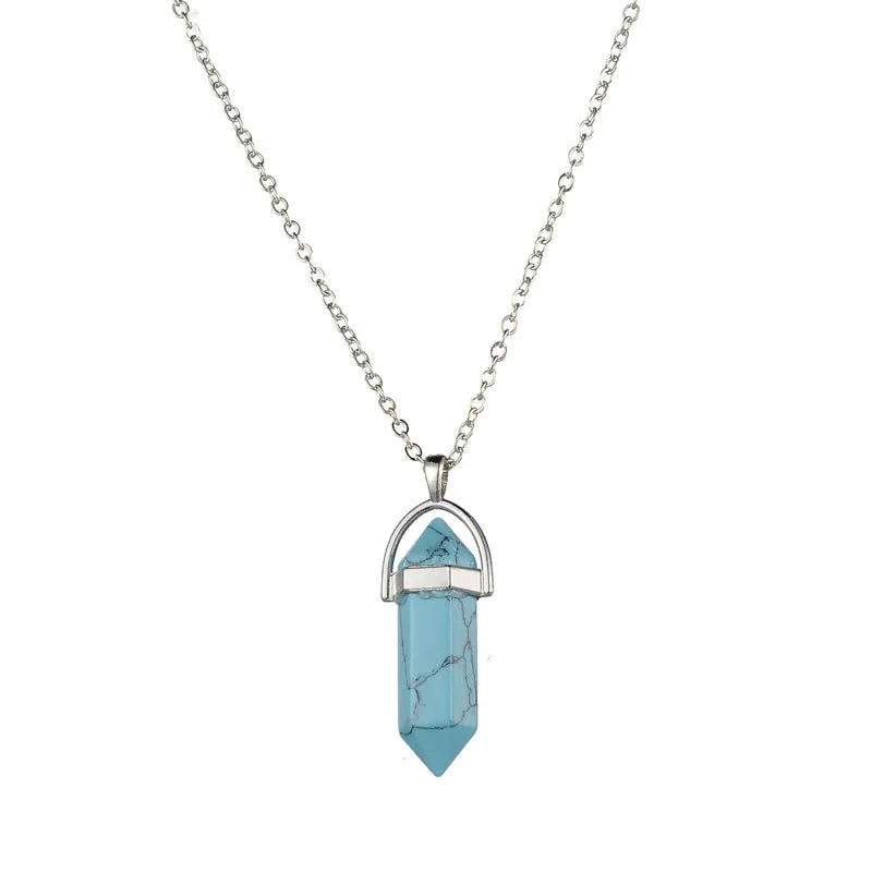 Crystal necklace with six corner column pendant in alloy and natural stone with iron chain