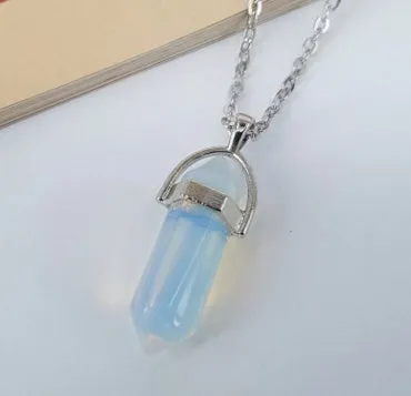 Crystal necklace with six corner column pendant in alloy and natural stone with iron chain