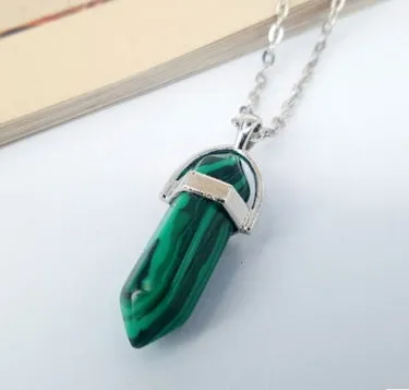 Crystal necklace with six corner column pendant in alloy and natural stone with iron chain