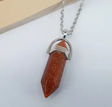 Crystal necklace with six corner column pendant in alloy and natural stone with iron chain