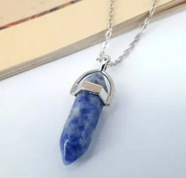 Crystal necklace with six corner column pendant in alloy and natural stone with iron chain