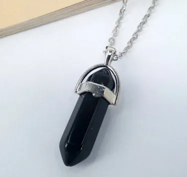 Crystal necklace with six corner column pendant in alloy and natural stone with iron chain