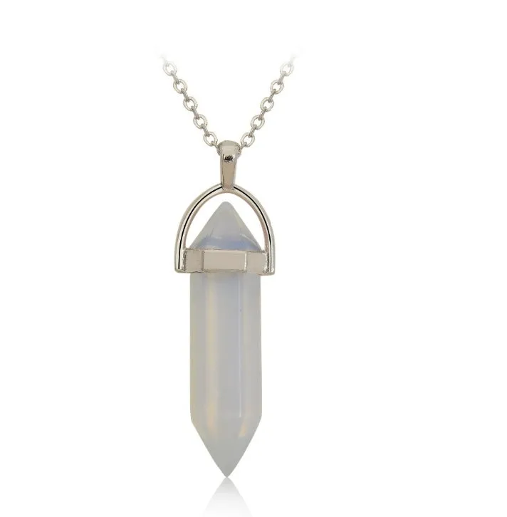 Crystal necklace with six corner column pendant in alloy and natural stone with iron chain