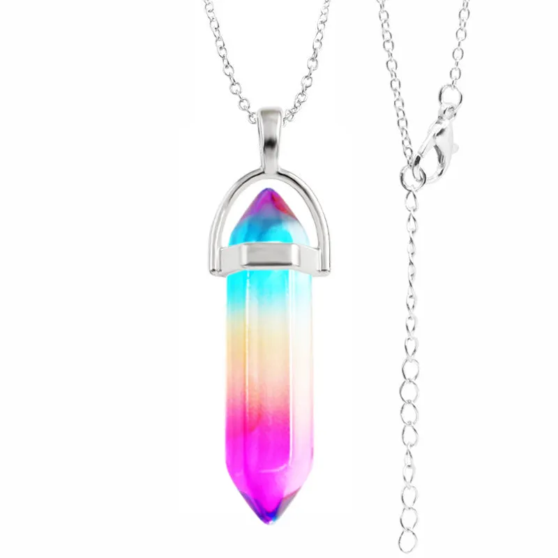 Crystal necklace with six corner column pendant in alloy and natural stone with iron chain