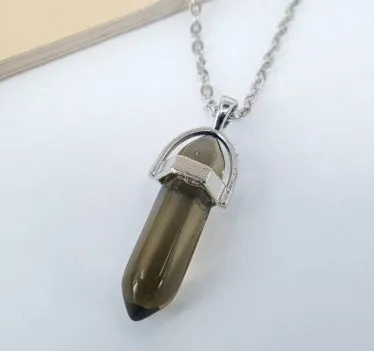 Crystal necklace with six corner column pendant in alloy and natural stone with iron chain