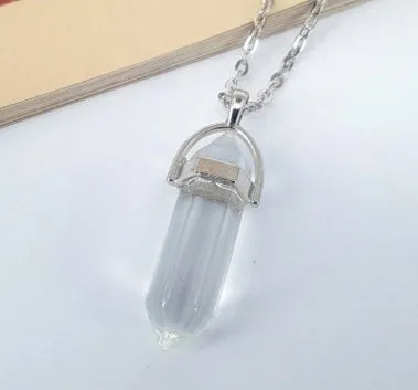 Crystal necklace with six corner column pendant in alloy and natural stone with iron chain
