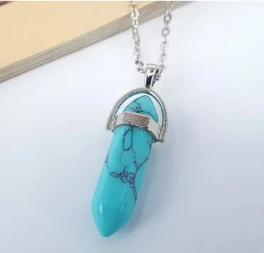 Crystal necklace with six corner column pendant in alloy and natural stone with iron chain