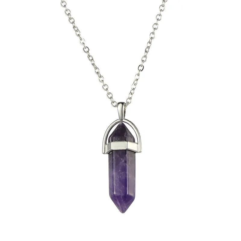 Crystal necklace with six corner column pendant in alloy and natural stone with iron chain